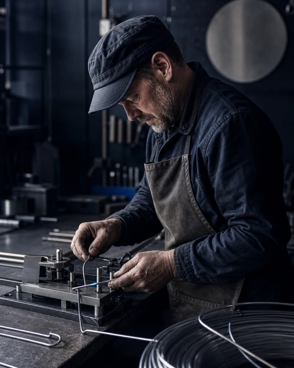 An Almeida's Wire craftsman forming stainless wire at the bench